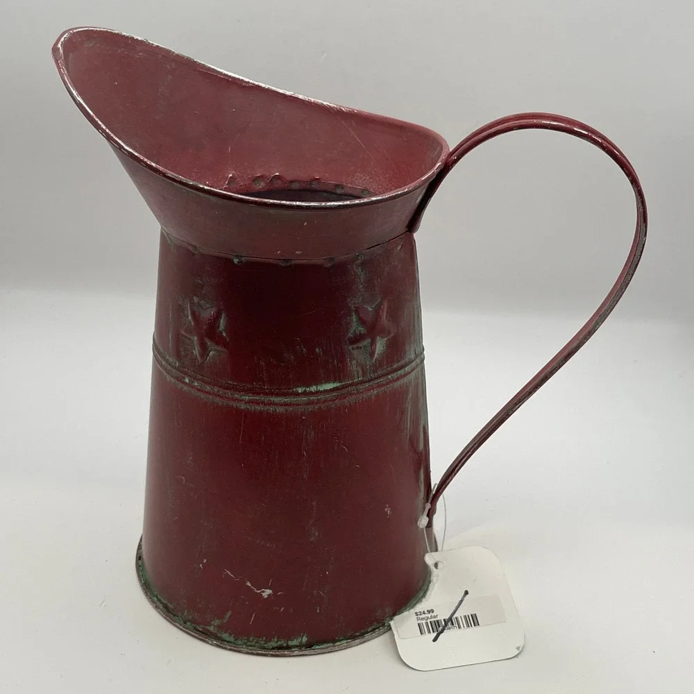 Rustic Red Metal Pitcher Vase Distressed Farmhouse Star Embossed Decor GM8789